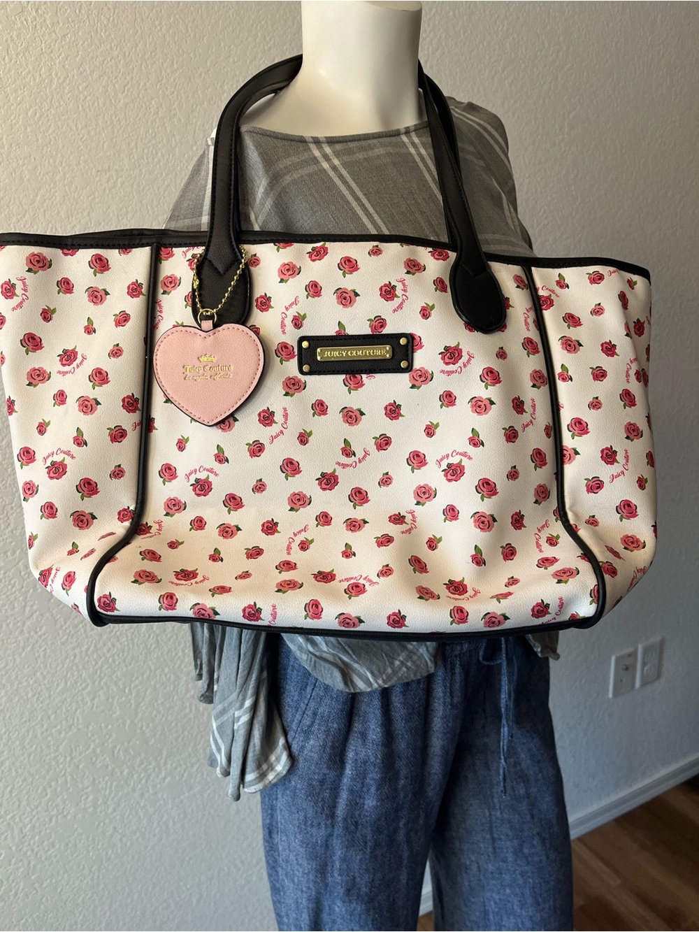 Juicy Couture White Tote with Pink Rose Print and Black Trim